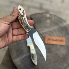 Load image into Gallery viewer, Nessmuk Style Knife Set Damascus and Polished Trailing Point Blades Stag Bone Handles