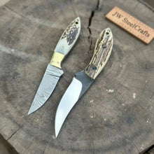 Load image into Gallery viewer, Nessmuk Style Knife Set Damascus and Polished Trailing Point Blades Stag Bone Handles