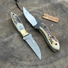 Load image into Gallery viewer, Nessmuk Style Knife Set Damascus and Polished Trailing Point Blades Stag Bone Handles