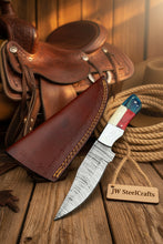 Load image into Gallery viewer, Damascus Camping Knife Fixed Blade USA Flag Resin Handle Outdoor Utility Knife with Sheath