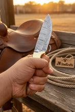 Load image into Gallery viewer, Handmade Damascus Field Knife 8” Bushcraft Knife Wood Handle with Leather Sheath