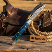 Load image into Gallery viewer, Custom Damascus Trapper Folding Knife – Blue Pakka Wood