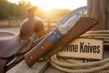 Load image into Gallery viewer, Two-Tone Blue Accent Damascus Knife with Warm Tan Wood Handle