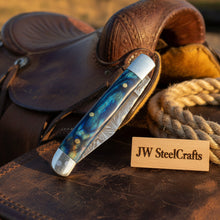 Load image into Gallery viewer, Custom Damascus Trapper Folding Knife – Blue Pakka Wood