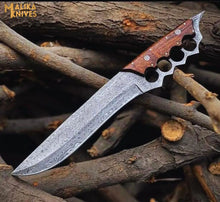 Load image into Gallery viewer, Knuckle Bowie Knife Damascus Steel Rosewood Handle