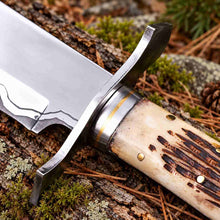 Load image into Gallery viewer, Hand Forged 1095/15N20 Damascus Bowie Knife with Bone Handle and Leather Sheath