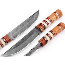 Load image into Gallery viewer, 10 Inch Damascus Steel Hunting Knife with Stacked Wood Handle | JW SteelCrafts