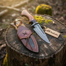 Load image into Gallery viewer, Bobcat Hunting Knife 4” Clip Point Fixed Blade Damascus Steel Guarded Design