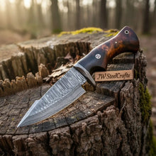 Load image into Gallery viewer, Bobcat Hunting Knife 4” Clip Point Fixed Blade Damascus Steel Guarded Design