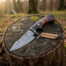 Load image into Gallery viewer, Bobcat Hunting Knife 4” Clip Point Fixed Blade Damascus Steel Guarded Design