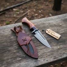 Load image into Gallery viewer, Bobcat Hunting Knife 4” Clip Point Fixed Blade Damascus Steel Guarded Design