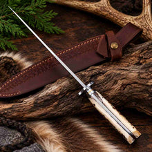 Load image into Gallery viewer, Hand Forged 1095/15N20 Damascus Bowie Knife with Bone Handle and Leather Sheath