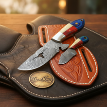 Load image into Gallery viewer, Longhorn Cutout Texas Flag Damascus Hunter &amp; Skinner Knife Set