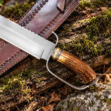 Load image into Gallery viewer, Custom D-Guard D2 Bowie Knife with Stag Antler Handle and Leather Sheath