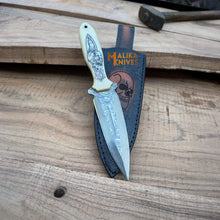 Load image into Gallery viewer, Custom Hunting Dagger Knife – Skull Engraved Camel Bone Handle
