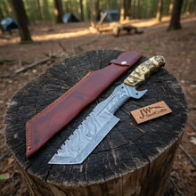 Load image into Gallery viewer, 12.5" Full Tang Damascus Blade Hunting Knife Ram's Horn Leather Sheath