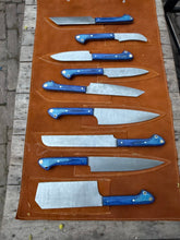 Load image into Gallery viewer, 9-Piece Damascus Kitchen Knife Set with Leather Roll and Blue Pakka Wood Handles