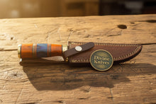 Load image into Gallery viewer, Multi Color Wood Damascus Knife with Brass Bolster Detailing