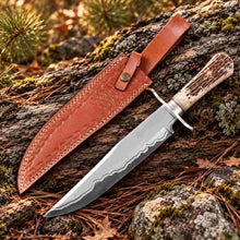 Load image into Gallery viewer, Hand Forged 1095/15N20 Damascus Bowie Knife with Bone Handle and Leather Sheath