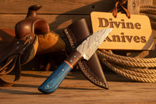 Load image into Gallery viewer, Blue Pakka Wood Damascus Knife with Contrasting Dark Wood Spacer