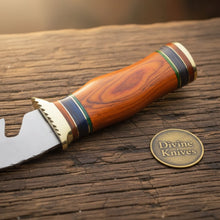 Load image into Gallery viewer, Colorful Spacer Ring Damascus Knife with Natural Tan Wood Handle
