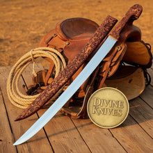 Load image into Gallery viewer, Bone Handle Damascus Knife with Handcrafted Tooled Sheath