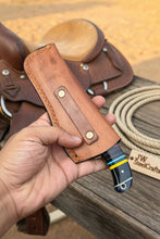 Load image into Gallery viewer, Damascus Bull Cutter Knife Multi-Color Rainbow Resin Handle, Christian Cross Blade Engraving, Steel Bolster &amp; Lanyard Hole