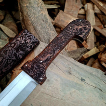 Load image into Gallery viewer, Bone Handle Damascus Knife with Handcrafted Tooled Sheath