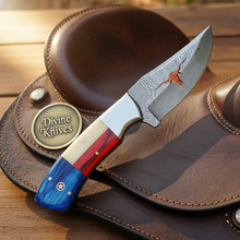 Load image into Gallery viewer, Longhorn Cutout Texas Flag Damascus Hunter &amp; Skinner Knife Set