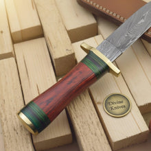 Load image into Gallery viewer, Minimalist Dark Wood Damascus Knife with a Single Green Ring Detail