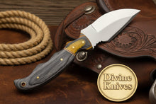 Load image into Gallery viewer, Yellow Accent Damascus Knife with Gray Wood Handle and Lanyard Hole
