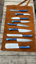 Load image into Gallery viewer, 9-Piece Damascus Kitchen Knife Set with Leather Roll and Blue Pakka Wood Handles