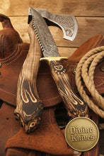Load image into Gallery viewer, Wolf Head Damascus Bowie Knife with Matching Celtic Tomahawk Axe