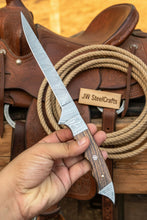 Load image into Gallery viewer, Handmade 13 Inch Overall Damascus Steel Fillet Knife –  Full Tang Fishing Knife with Hardwood Handle and Leather Sheath.