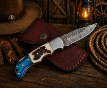 Load image into Gallery viewer, Hand Forged Damascus Pocket Knife – Engraved Folding Knife with Stag Horn &amp; Blue Pakka Wood Handle