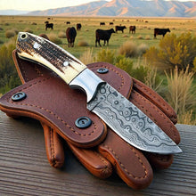 Load image into Gallery viewer, Damascus Cowboy Knife | Antler Handle | Pancake Leather Sheath