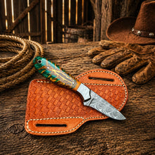 Load image into Gallery viewer, Cowboy Knife Damascus Steel Blade Epoxy Pine Cone Handle EDC