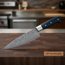 Load image into Gallery viewer, 2-Piece Hand-Forged Chef Knife Pair — Pattern-Welded Damascus with Black Micarta Handles (Professional Set)