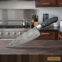 Load image into Gallery viewer, 2-Piece Hand-Forged Chef Knife Pair — Pattern-Welded Damascus with Black Micarta Handles (Professional Set)