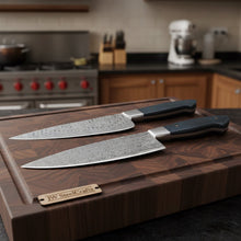 Load image into Gallery viewer, 2-Piece Hand-Forged Chef Knife Pair — Pattern-Welded Damascus with Black Micarta Handles (Professional Set)