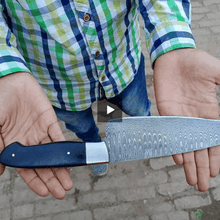 Load image into Gallery viewer, 2-Piece Hand-Forged Chef Knife Pair — Pattern-Welded Damascus with Black Micarta Handles (Professional Set)