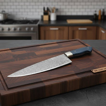 Load image into Gallery viewer, 2-Piece Hand-Forged Chef Knife Pair — Pattern-Welded Damascus with Black Micarta Handles (Professional Set)