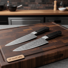 Load image into Gallery viewer, 2-Piece Hand-Forged Chef Knife Pair — Pattern-Welded Damascus with Black Micarta Handles (Professional Set)
