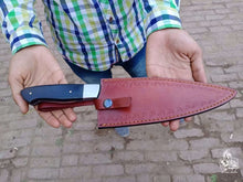 Load image into Gallery viewer, 2-Piece Hand-Forged Chef Knife Pair — Pattern-Welded Damascus with Black Micarta Handles (Professional Set)