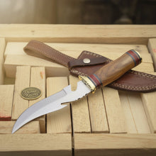 Load image into Gallery viewer, Brass Guard Damascus Gut Hook Knife with Multi Ring Wood Handle