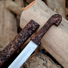 Load image into Gallery viewer, Bone Handle Damascus Knife with Handcrafted Tooled Sheath