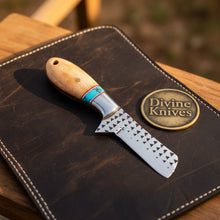 Load image into Gallery viewer, Turquoise &amp; Bone Rasp Bull Cutter Knife with Tooled Leather Sheath