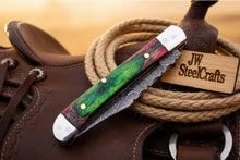 Load image into Gallery viewer, Forest Green Trail Trapper Knife Pakka Wood Damascus Steel folding Trapper Knife