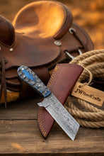 Load image into Gallery viewer, Western Bull Cutter 7” Knife – Damascus Ranch Blade with Blue Stabilized Handle &amp; Sheath