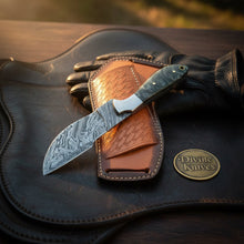 Load image into Gallery viewer, Damascus Charcoal Burl Resin Cowboy Knife with Wood Grain Blade